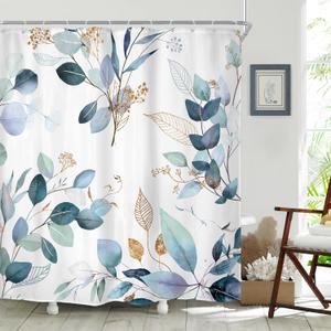 Riyidecor Teal Eucalyptus Shower Curtain 72Wx72H Waterproof Rustic Farmhouse Fabric with Gold Leaves Botanical Leaf Design Country Decor Includes 12 Pack Hooks Ideal for Bathroom