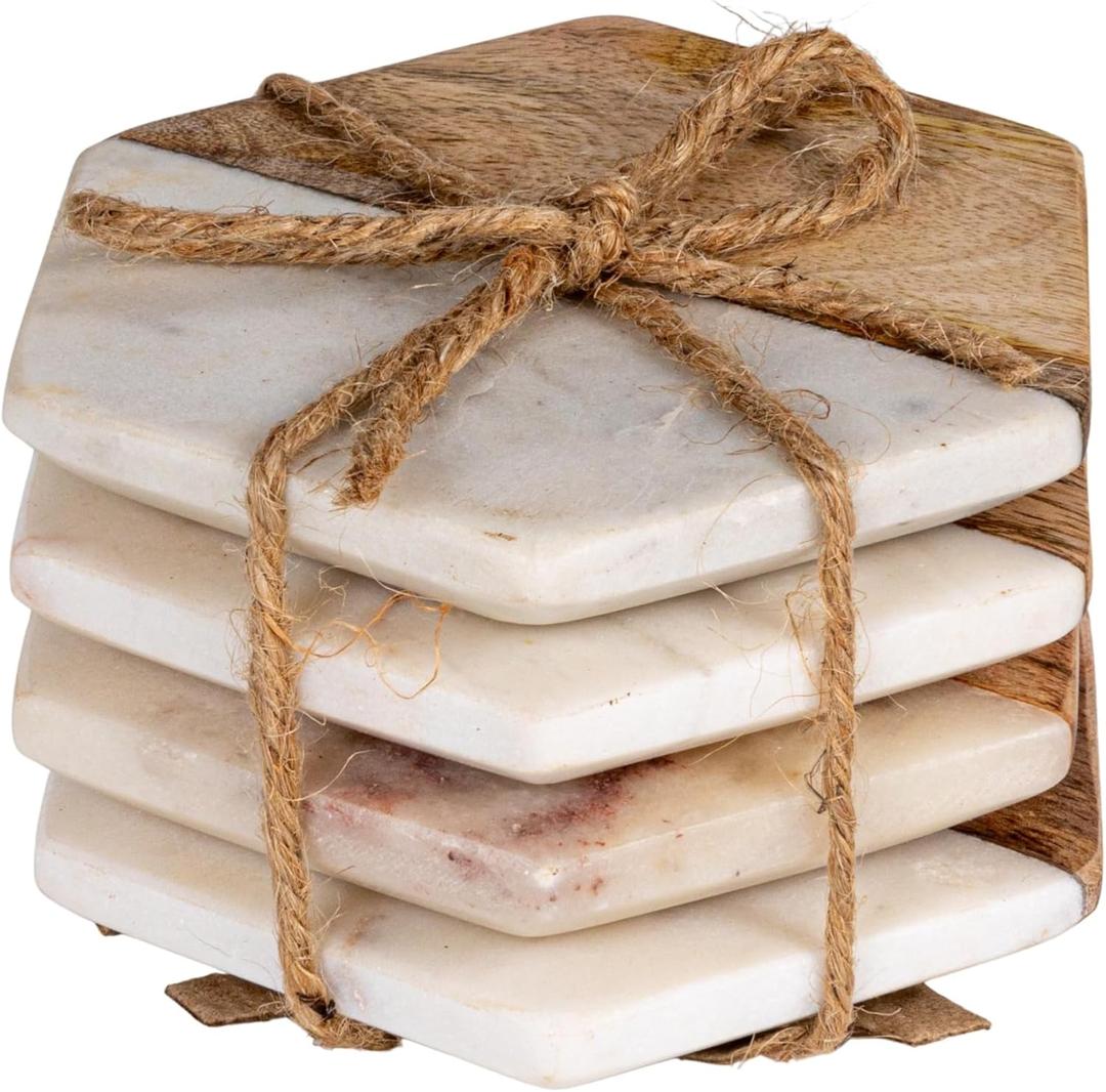 Creative Co-op Marble & Mango Wood Hexagon Coasters (Set of 4 Pieces)
