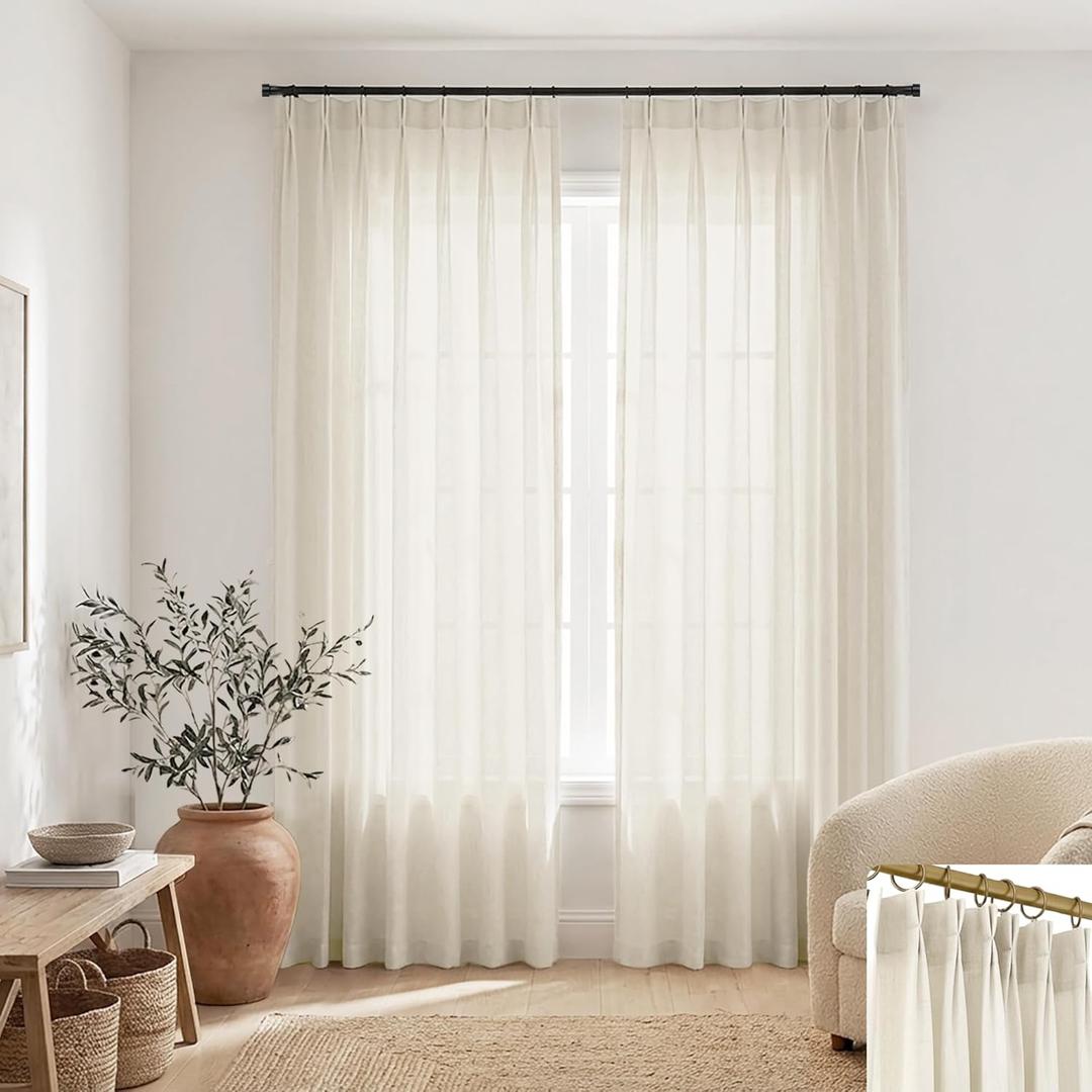 SHINELAND Pinch Pleated Sheer Curtains 84 Inches Long, Linen Textured Cream Cottage Core Farmhouse Curtain for Living Room (40"W x 84"L (Pack of 2), Natural)