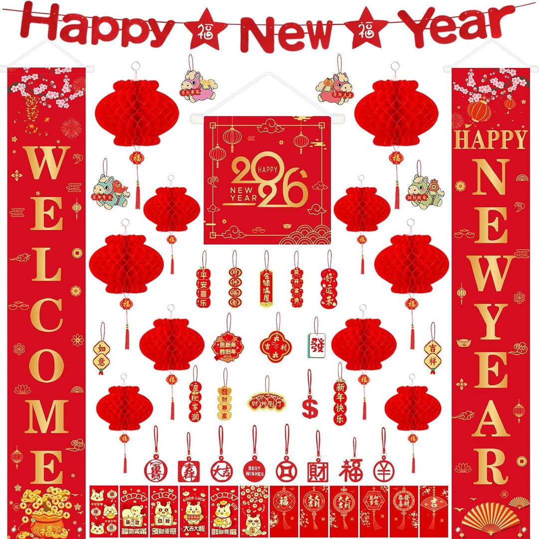 53Pcs Lunar New Year Decorations 2026, Fabric Chinese Couplets Set Happy New Year Banner Porch Signs Red Lanterns Red Envelopes Paper Felt Lucky Hanging Ornaments for Spring Festival