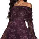 Verdusa Women's 70s Vintage Floral Off The Shoulder Dress Foldover Long Sleeve Bodycon Mini Dress (Large, Purple)