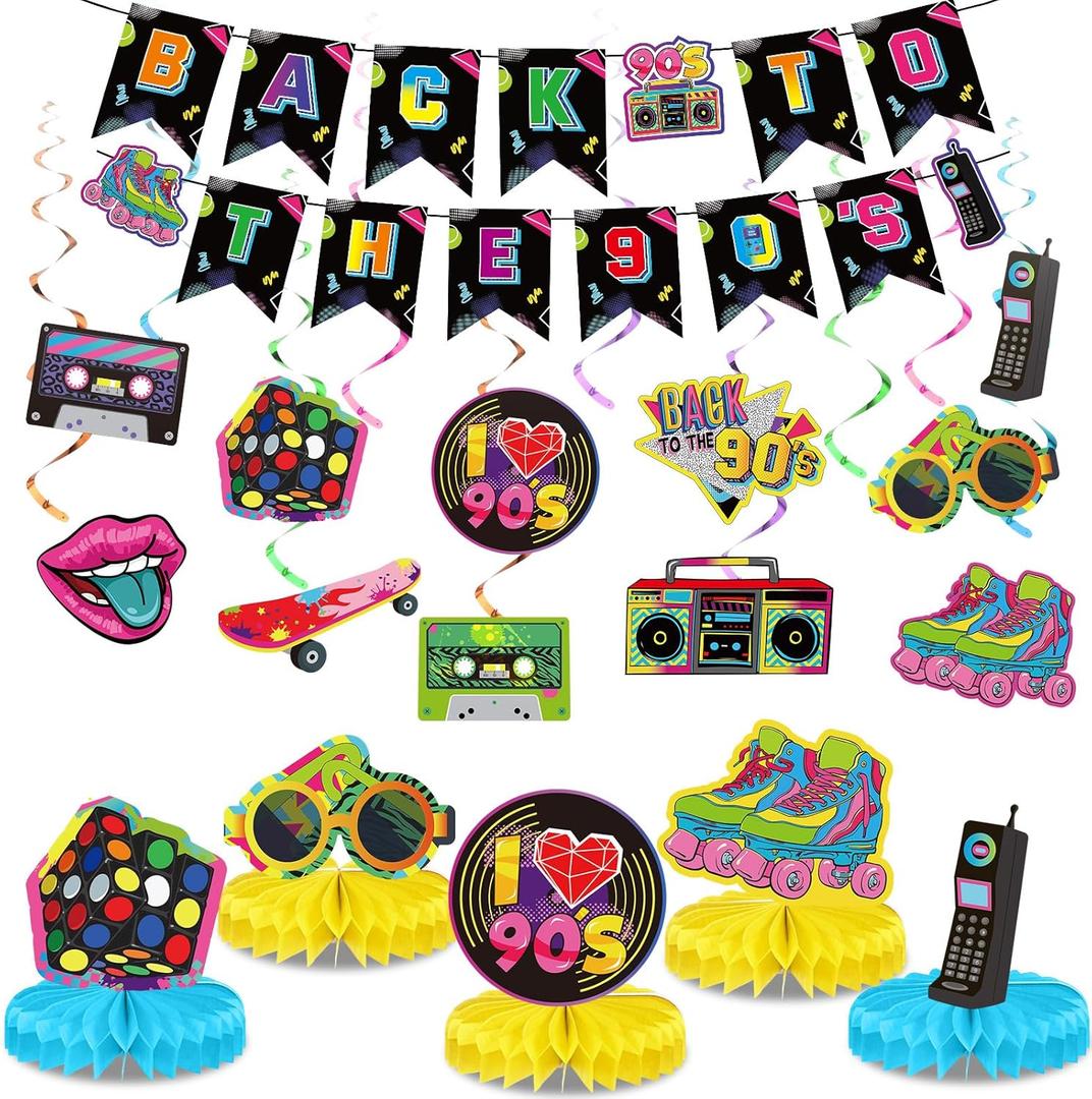 Blosssound 27 Pcs 80s 90s Party Decorations 1980s 1990s Hip Hop Banner Hanging Swirls Ceiling Honeycomb Decoration for Back to the 1980s 1990s Throwback Birthday Neon Party Decor Supplies (90s)