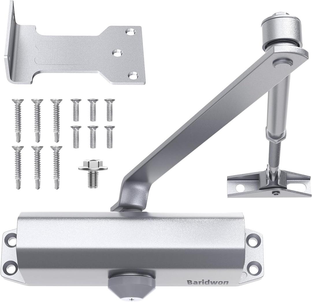 Commercial Grade Hydraulic Door Closer Large Size, Heavy Duty No Slam with Hold Open, Silver