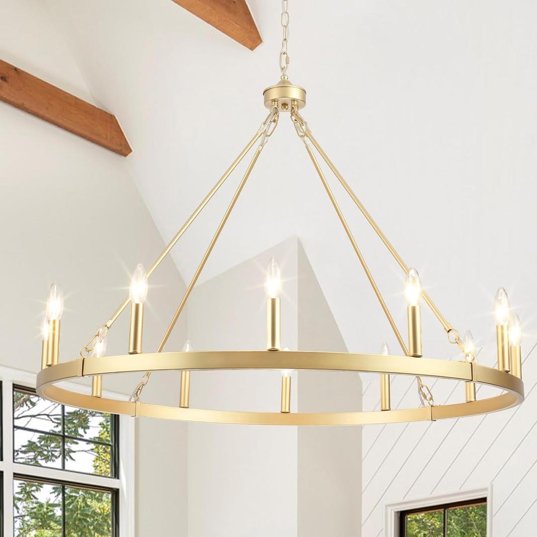 Gold Wagon Wheel Chandelier for Dining Room Light Fixture 12Light Gold Chandelier for Foyer 38inch 27-86" Height Adjustable Pendant Light for Flat Sloped Ceilings Dining Room Kitchen Island Entryway