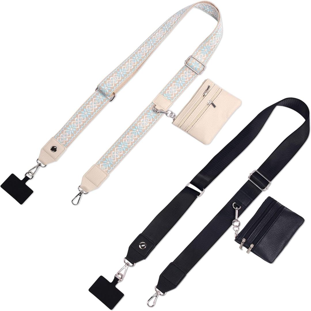 2 Pack Clip and Go Strap for Phone with Wallet Crossbody - Phone Strap Crossbody with Zippered Pouch, Multifunctional Adjustable Cell Phone Lanyard for Going out (Black + Beige)