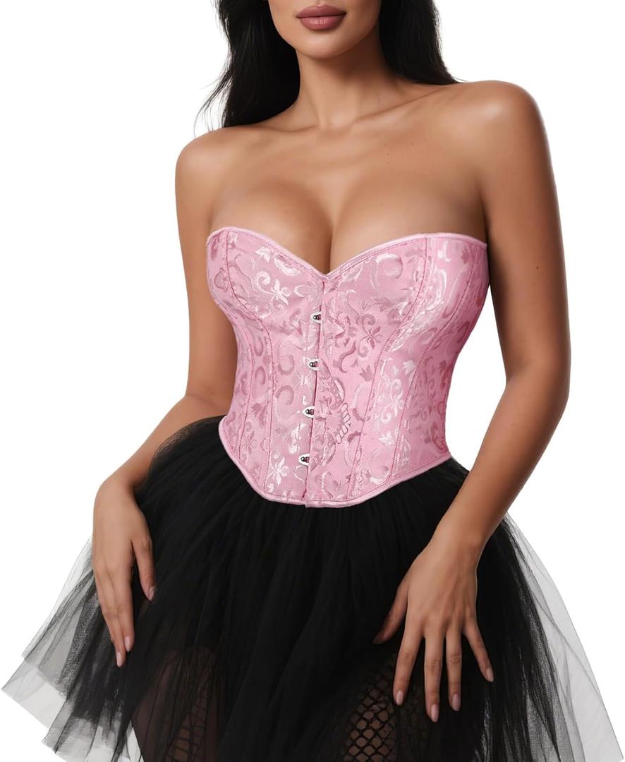 VONMELLI Bustier Corset Top Lace Up Overbust Shapewear Lingerie Cosplay Costume (Large, Light Pink)