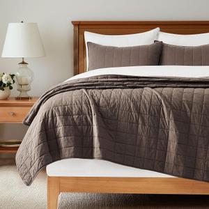 100% Cotton Box Stitch Quilt Set, Queen Size, Cocoa Brown