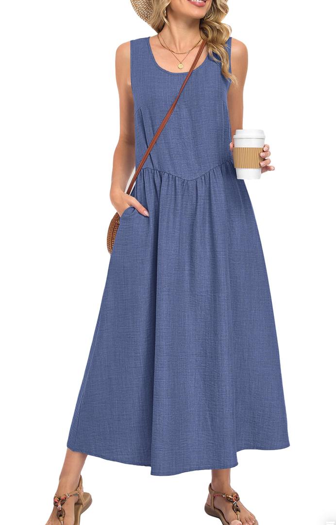 MOLERANI Women’s Summer Maxi Dress Sleeveless A-Line Flowy Sundress Elastic Waist Lightweight Breathable Casual Beach Vacation Outfit Round Neck Resort Wear Wear Denim Blue 2XL (Blue, XXL)