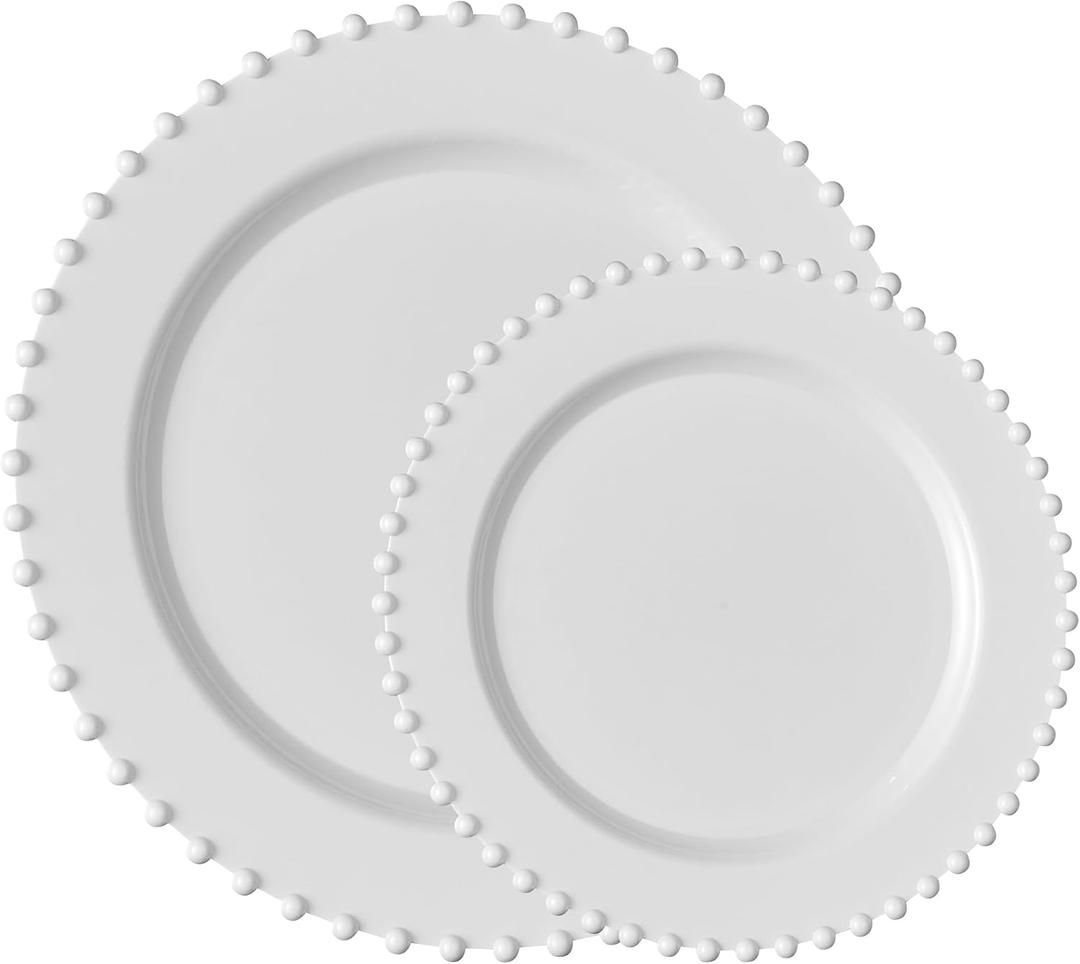 PLASTICPRO 32 Piece Combo Plastic Dinner Plates Disposable Plastic Fancy Heavy Duty Party Dishes 7 inch and 10 inch, White Beaded