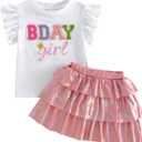 Toddler Baby Girl Birthday Outfit Birthday Girl Embroidery Shirt T-shirt Layered Ruffle Skirt Summer Clothes (White, M)