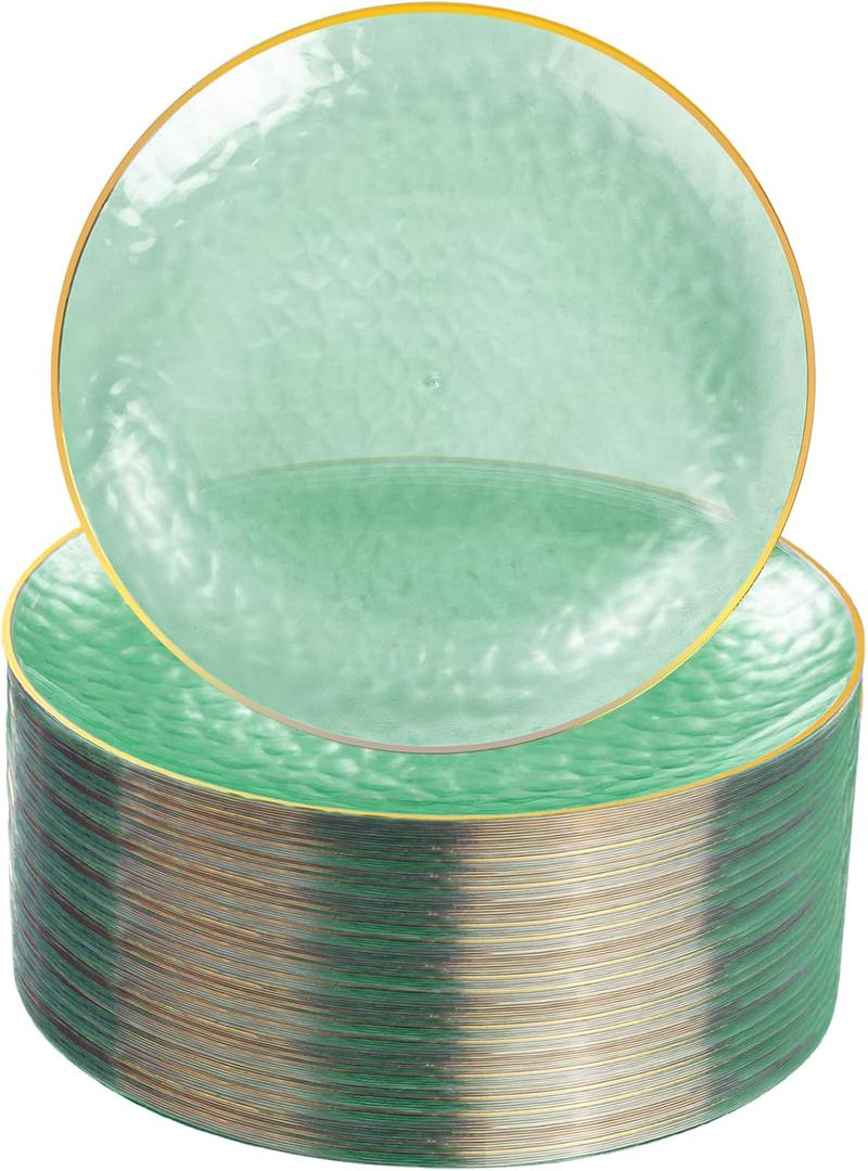 Rubtlamp 100 Pcs Clear Green Plastic Plates, Gold Hammered Plastic Salad Platos, Green Disposable Platos With Gold Rim,7 Inch Dessert Platos Disposable, Dessert Appetizer Platos