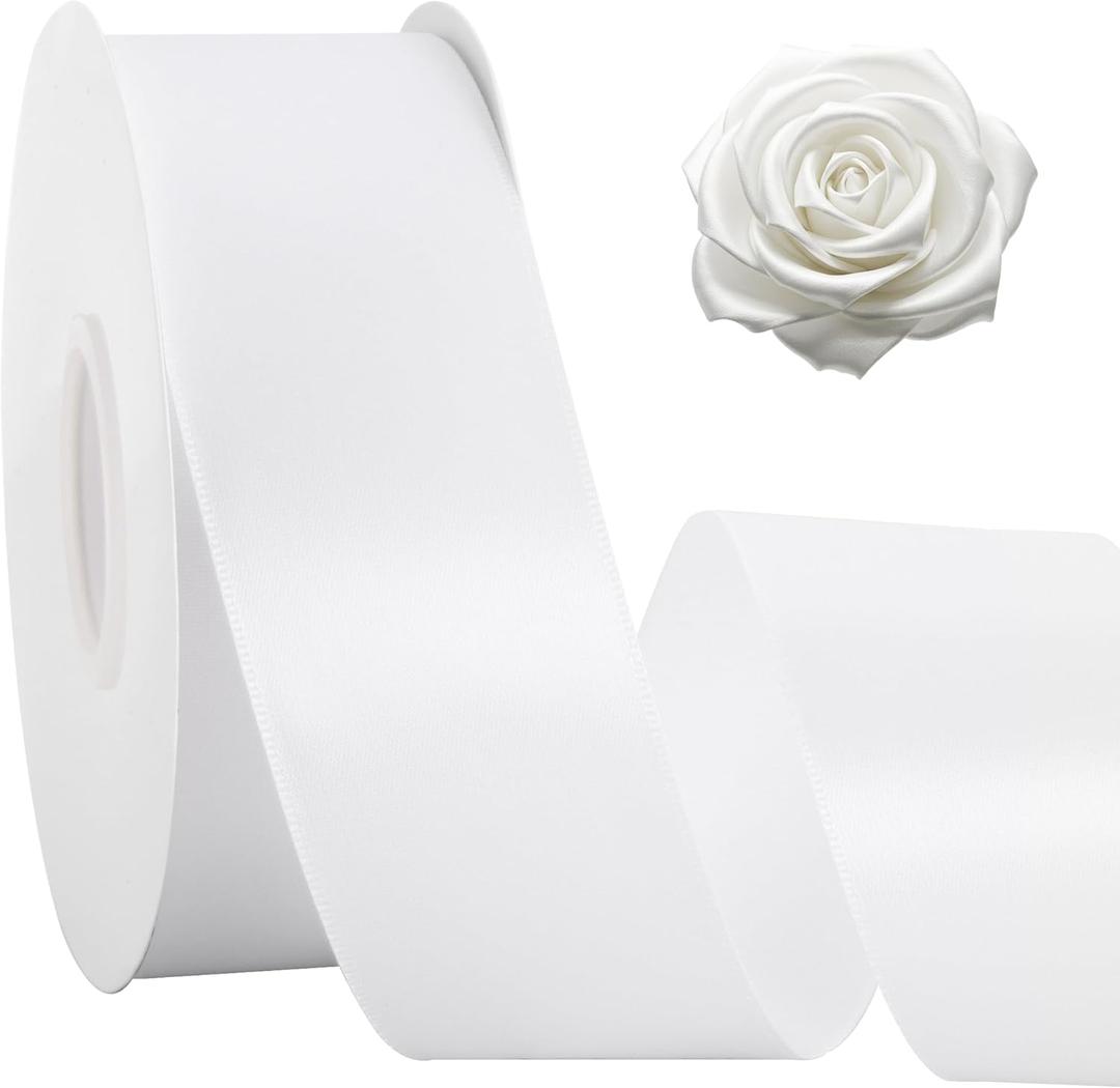 2 x TONIFUL 1 1/2 Inch x 50yd White Satin Ribbon Solid Fabric Ribbon for Gift Wrapping, Floral Bouquets, Bows and Craft Making, Christmas Valentines Birthday Wedding and Party Decoration