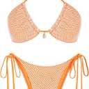ZAFUL Women's Triangle Bikini Multiway Fishnet Tie Side Bandeau Halter String Bikini Set Two Piece Swimsuit Bathing Suits (1-orange)