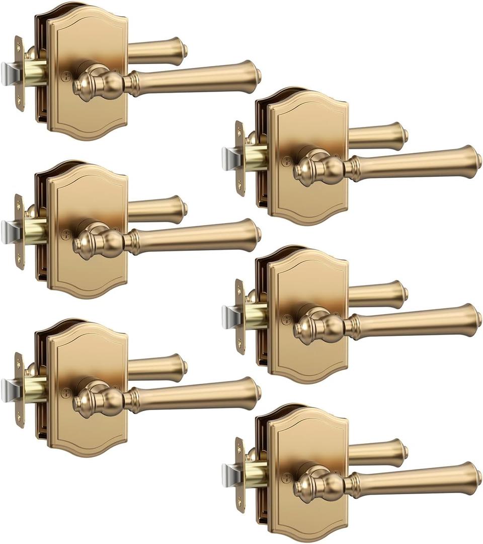 Asidrama 6 Pack Champagne Bronze Passage Door Handles, Door Lever with Door Knobs Indoor for Bedroom or Bathroom, Heavy Duty Door Handles Interior with Locks for Left Right Sided Doors ZR19-262