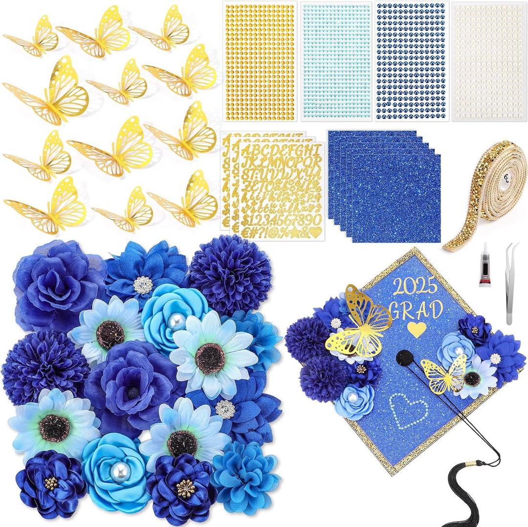 Wavwavw 43 PCS DIY Graduation Cap Decorations Kit, Grad Cap Decorations Included Faux Flowers 3D Butterfly Self Adhesive Rhinestones Stickers Alphabet Letter Stickers for Grad Party Decor(Blue)
