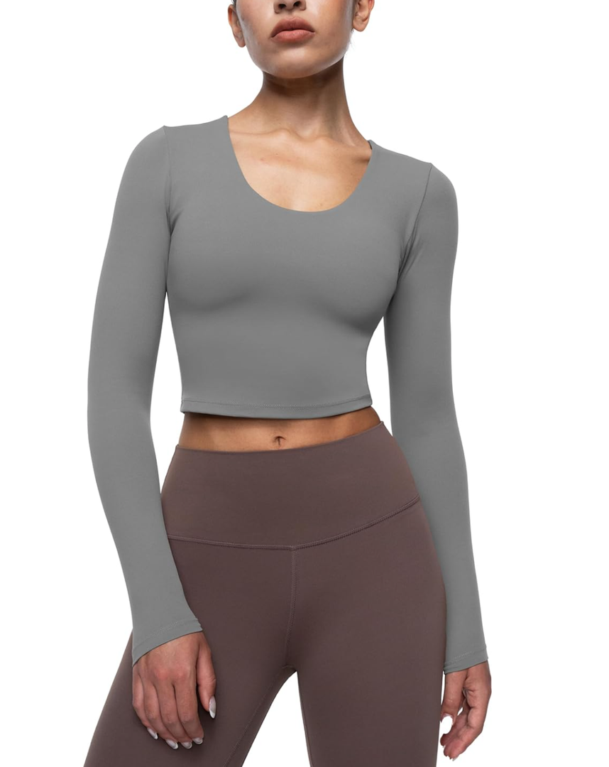 Womens Long Sleeve Shirts Workout Crop Tops Yoga Tee Built in Bra Mild Support Cream Feeling Athletic Top U-Neck L