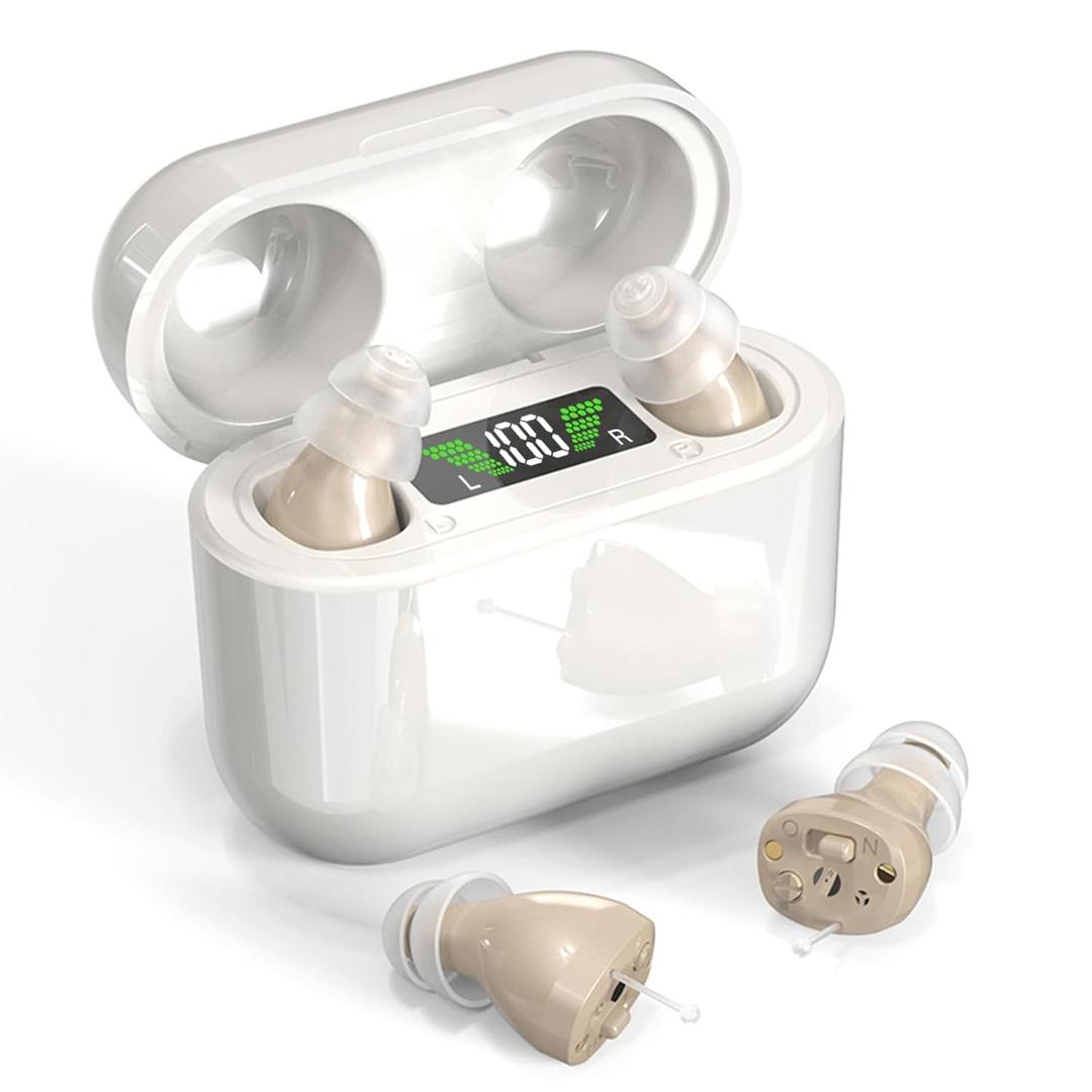 Hearing Aids with Long-Lasting Charging Case, Invisible Hearing Aids for Seniors with Smart Noise Cancellation, Completely-In-Canal Hearing Aid Devices, Easy Control (Beige)