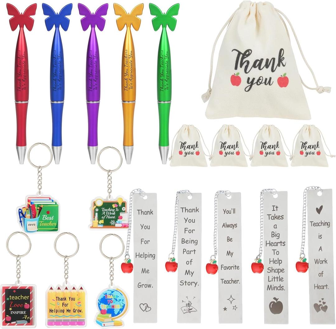 20 PCS Teacher Appreciation Gifts in Bulk 5,Teacher Gifts Metal Bookmarks Teacher Keychains Butterfly Tops Pens Thank You Burlap Drawstring Bags Teacher Appreciation Week Gift Set
