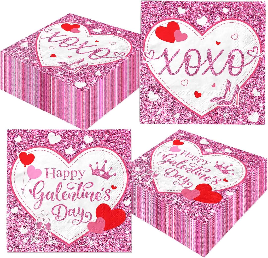 Galentines Day Decorations Napkins, 40Pcs Pink Glitter Galentines Napkin Xoxo High-heeled Shoes Crown Galentines Day Napkins, for Girl Lady Galentine's Day Party Decorations