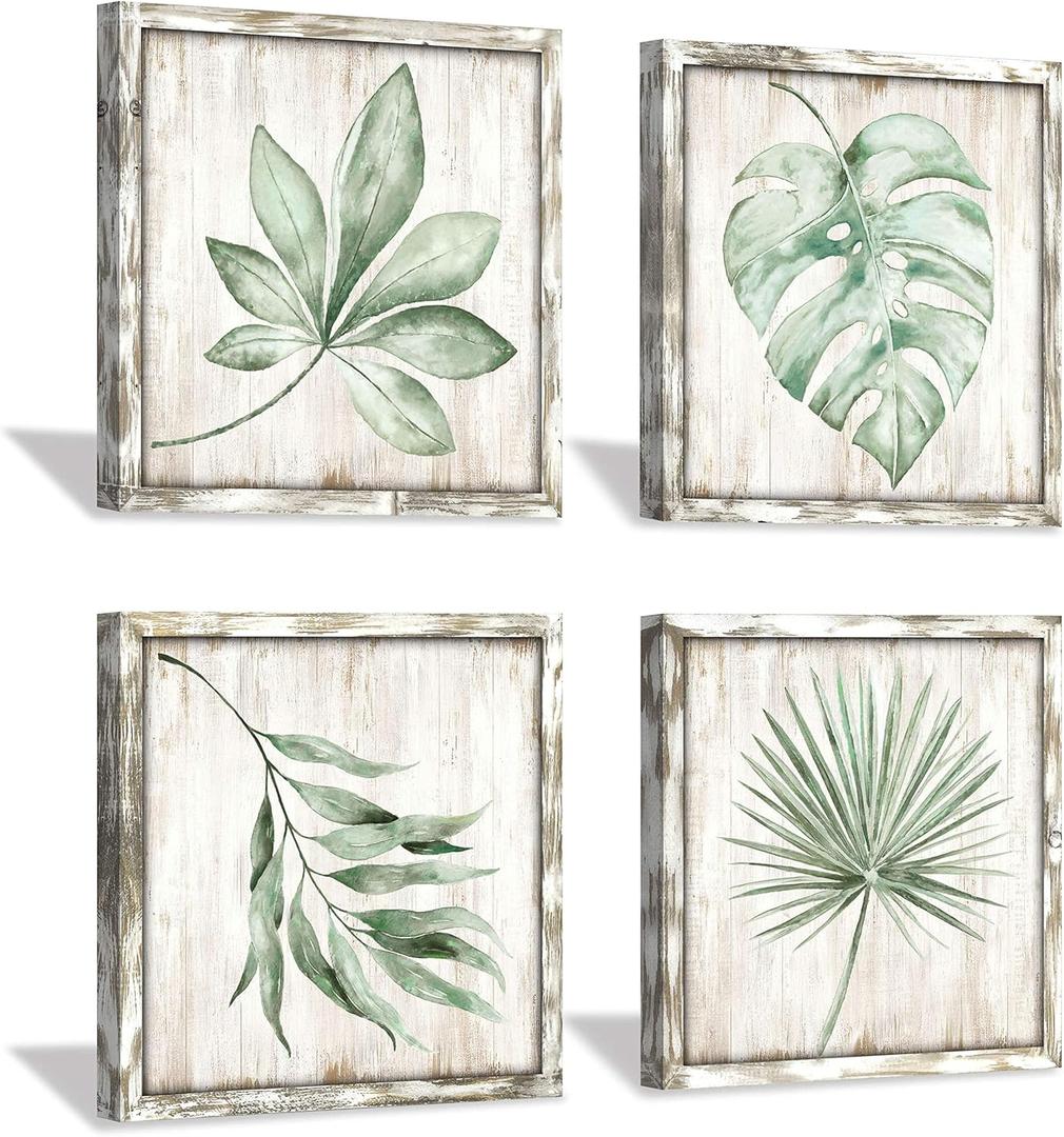 Green Leaves Wooden Wall Art: Rustic Wood Prints Pictures Palm Tree Leaf Simple Life Painting Framed for Bathroom Wall Decor 16 x 16" x 4pcs