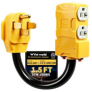 50 Amp to 20 Amp 110V RV Distribution Adapter,NEMA 14-50P to 4 X 5-20R/15R RV 4-Prong to Mutiple Household Outlet w/ 20Amp Circuit Breaker RV Generator Distribution Cord 1.5FT