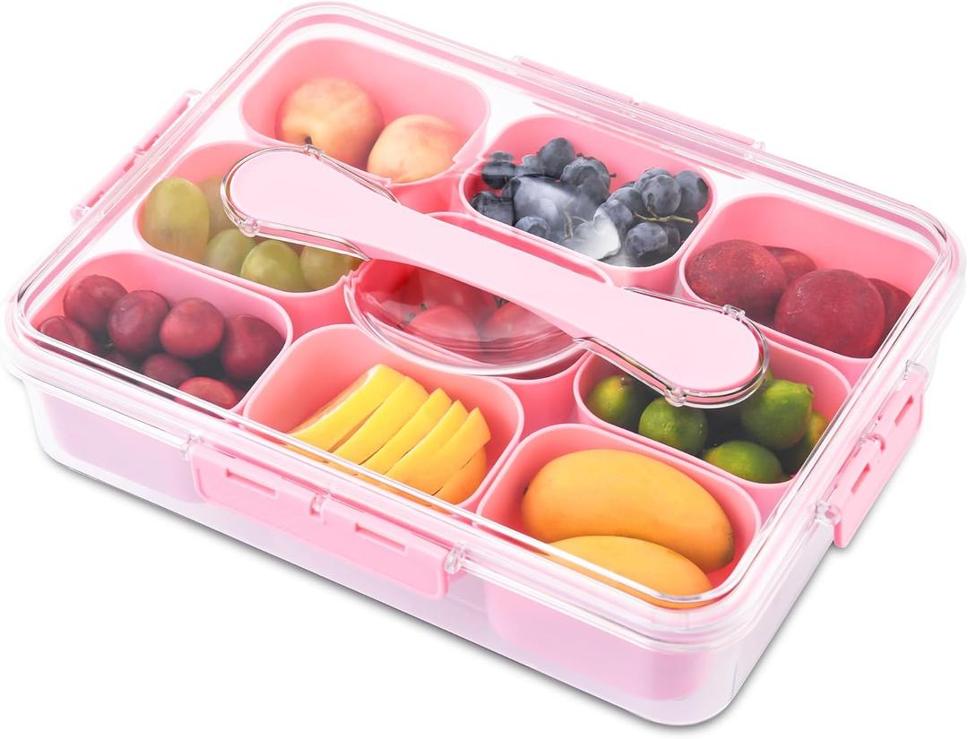 Divided Serving Tray with Lid Veggie Tray with Lid and Handle, Multi-Purpose Snackle Box Container for Charcuterie, Taco Tuesday, Movie Night, Travel, Beach, or Picnic Essentials (9 Compartments)