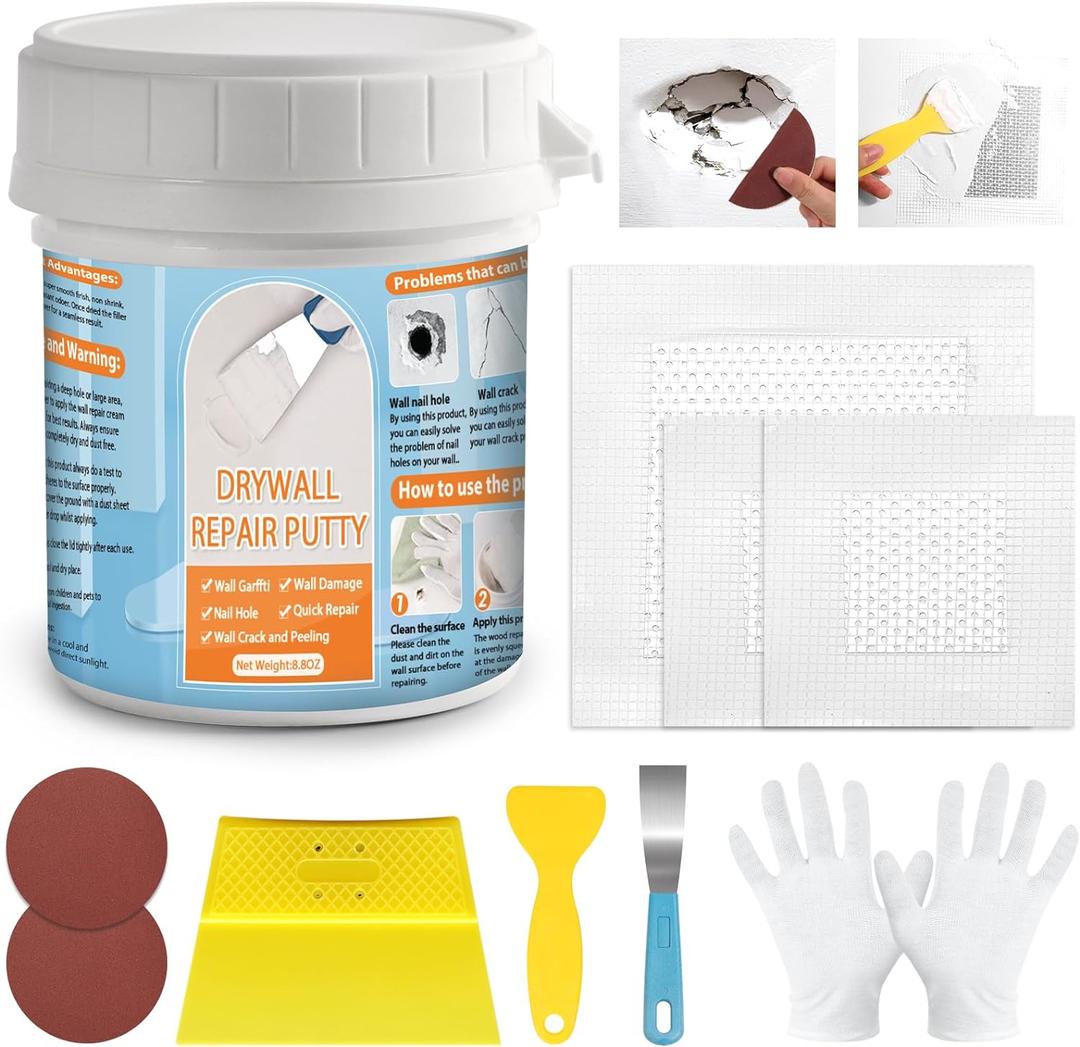 Drywall Repair Kit, Drywall Patch Repair Kit with 8.8OZ White Wall Repair Putty, Scraper Sandpapers Gloves for Heavy Duty Plaster Wall Repair, Easy to Fill Holes in Home Wall & Quick Repair Crack