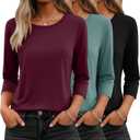 Ficerd 3 Pack 3/4 Sleeve Tops for Women Round Neck Dressy Basics Tees Casual Trendy Loose Fit T Shirts (Small, Black, Gray Green, Burgundy)