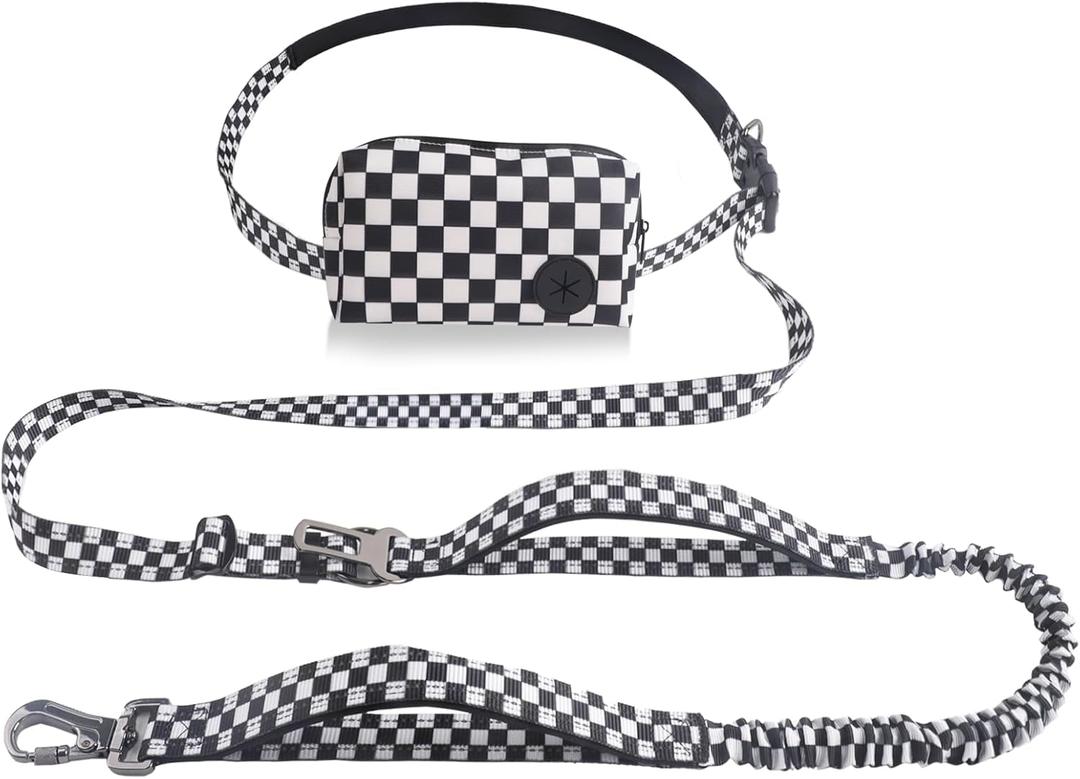 Roses&Poetry Hands Free Dog Leash with Zipper Pouch, 6-9ft Bungee Waist Leash for Medium Large Dogs Walking, Running Lead with Dual Padded Handles Car Safety Buckle for Training Jogging (Checkered)