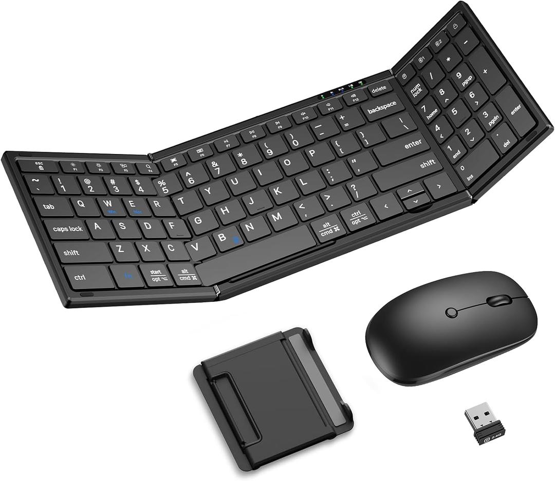 Foldable Keyboard and Mouse, Folding Bluetooth Keyboard Mouse Combo, 2.4G Wireless + Bluetooth5.1 x 2, Portable Wireless Rechargeable Travel Keyboard Mouse for Windows Android MacOS iOS