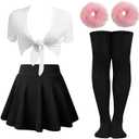 YIXAXKAO Halloween Women Costume Pop Singer Costume Furry Hair Scrunchies Pleated Skater Skirt Tie up Shirt Thigh High Socks