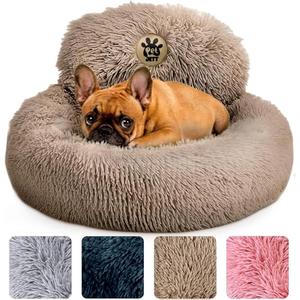PetJett Calming Dog Beds for Small Dogs – 23" Donut Dog Beds, Anti-Slip & Washable Fluffy Plush Faux Fur Pet Bed, Anti-Anxiety Premium Comfort Round Puppy Bed, Fits Dogs up to 25 lbs – Beige