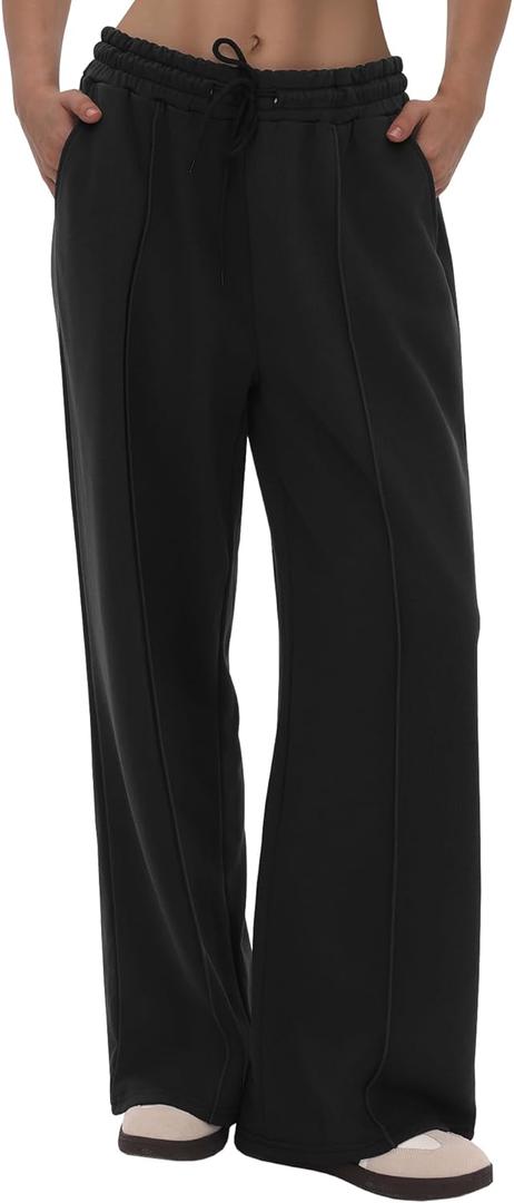 Wide Leg Sweatpants Women - Baggy High Waisted Straight Leg Loose Sweat Pants with Chic Seams Drawstring Pockets (Medium, 1-black)