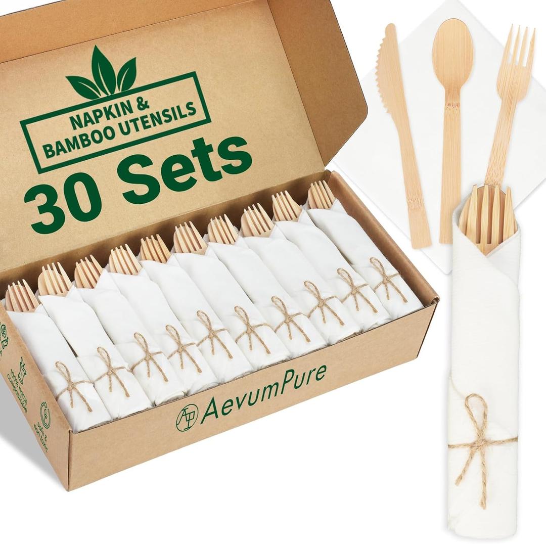 Pre Rolled Napkin and Bamboo Cutlery Set - 30 Sets (120 PCS)Disposable Wrapped Bamboo Utensils (30Compostable Napkins,30Forks,30Spoons,30Knives)-Wooden Silverware/Wrapped Plastic Tableware Alternative