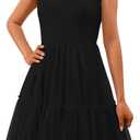 PRETTYGARDEN Womens 2025 Trendy Mini Summer Dresses Sleeveless Tulle Ruffle Square Neck Tiered Smocked Beach Vacation Dress (Black)