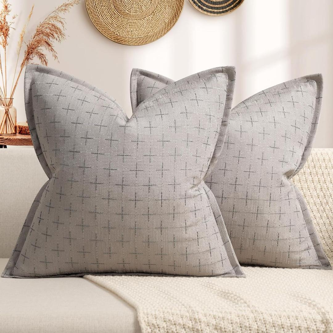 ZWJD Pillow Covers 18x18 Set of 2 Soft Polyester Textured Pillow Covers with Stylish Flange Edge Cozy Farmhouse Throw Pillows for Couch Bed Sofa Living Room (Lightgray)