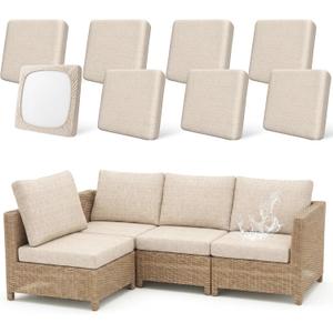 8 Pack Outdoor Cushion Covers Water Resistant High Stretch Fit Patio Cushion Covers 180g Couch Seat Slipcovers Machine Washable Pet & Kids Friendly Home Refresh 20-27 Inch, Beige