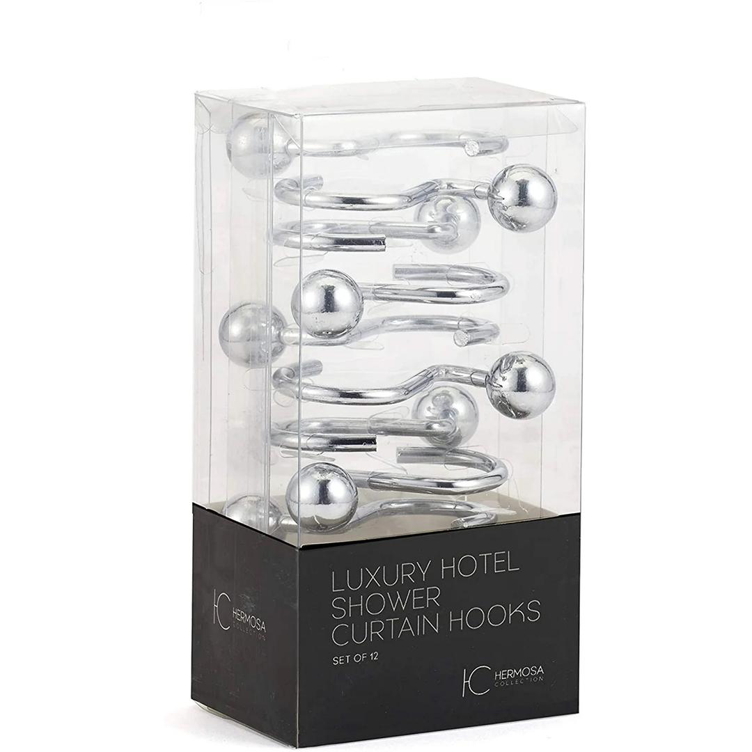 Luxury S Shower Curtain Hooks (12-Pack) Hotel Quality Silver Chrome Finish | Bathroom Accessories | Non-Slip Ball End | Easy to Hang