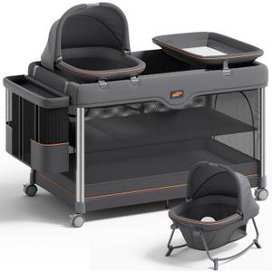 Pamo Babe 6-in-1 Pack and Play with Bassinet One-Step Setup Baby Bassinet, Portable Playard, Travel Crib with Mattress, Changing Table, Storage Bag & 4 Wheels Travel Playpen for Baby (Gery)