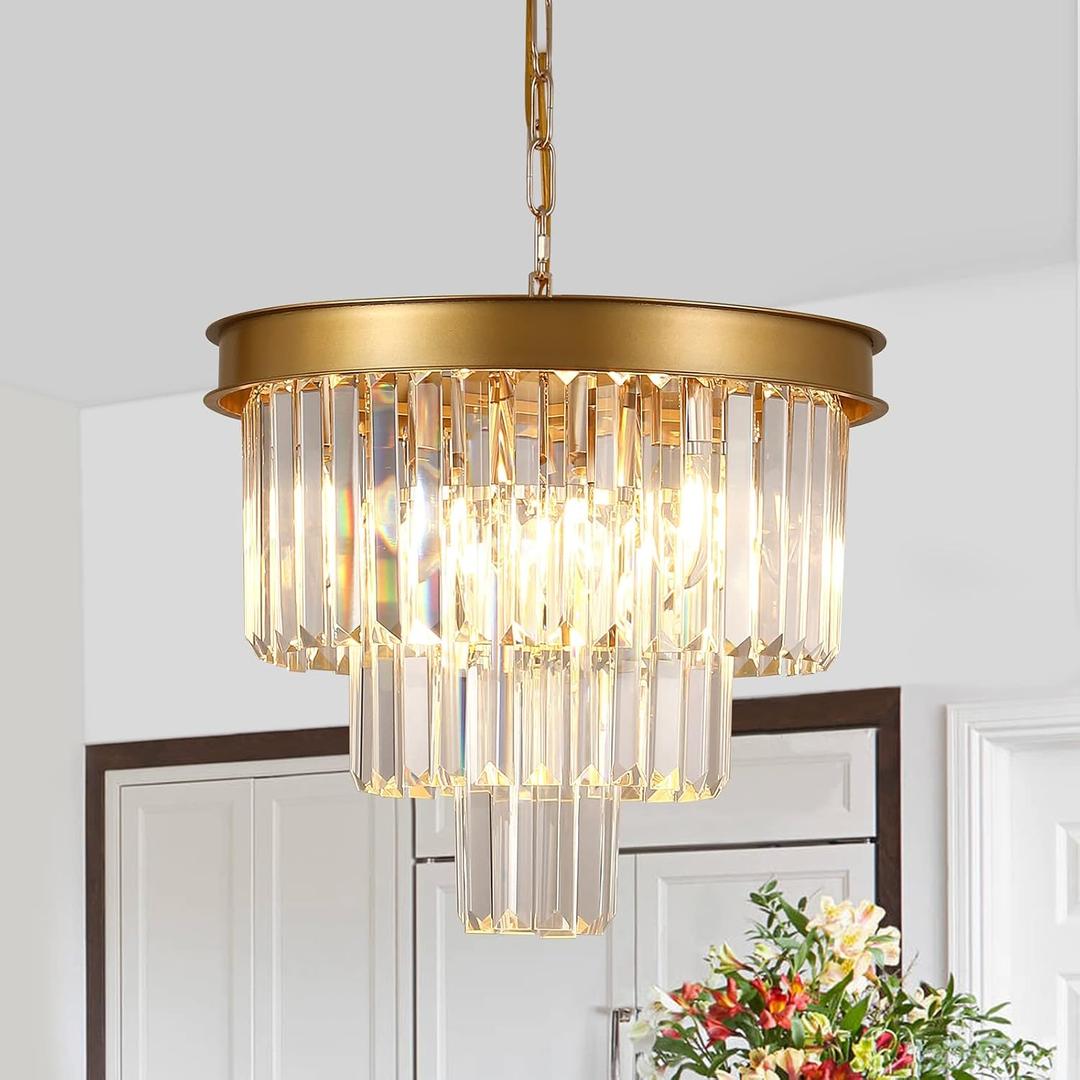 Gold Crystal Chandeliers 16” Modern Pendant Light Fixture for Dining Room