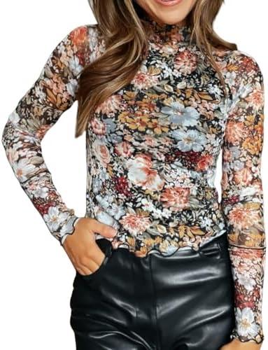 dzmelzu Lace Long Sleeve Tops for Women Floral Mesh Tops Mock Neck Sheer See Through Shirts Going Out for Casual Party Club Size M