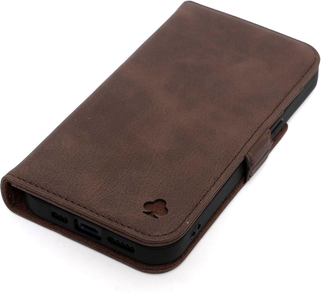 Porter Riley - Leather Case Compatible with iPhone 16e. Premium Genuine Leather Stand/Cover/Wallet/Flip Case with Card Slots & Horizontal Stand (Chocolate Brown)