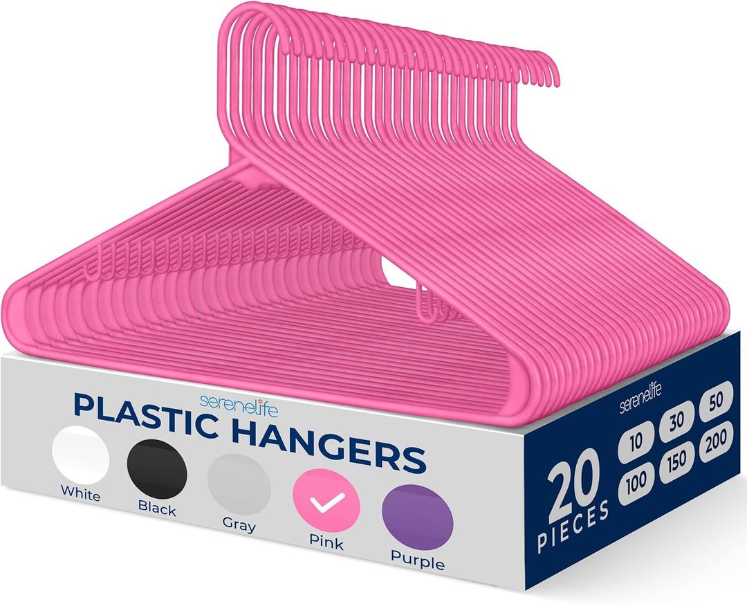 SereneLife Premium 20 Pack Plastic Hangers, Lightweight, Durable, Space Saving Clothes Organizers, Suitable for Shirts, Sweaters, Hoodies, Dresses, Kids Clothes, Good for Home Organization (Pink)