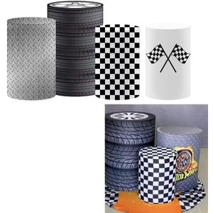 Black White Checkered Race Cylinder Pillars Covers for Racing Car Theme 1st Birthday Party Decorations Pedestal Stand Tablecloth Cover Boys Baby Shower Festa Parties(Fit for D12''x H22'' Tables)