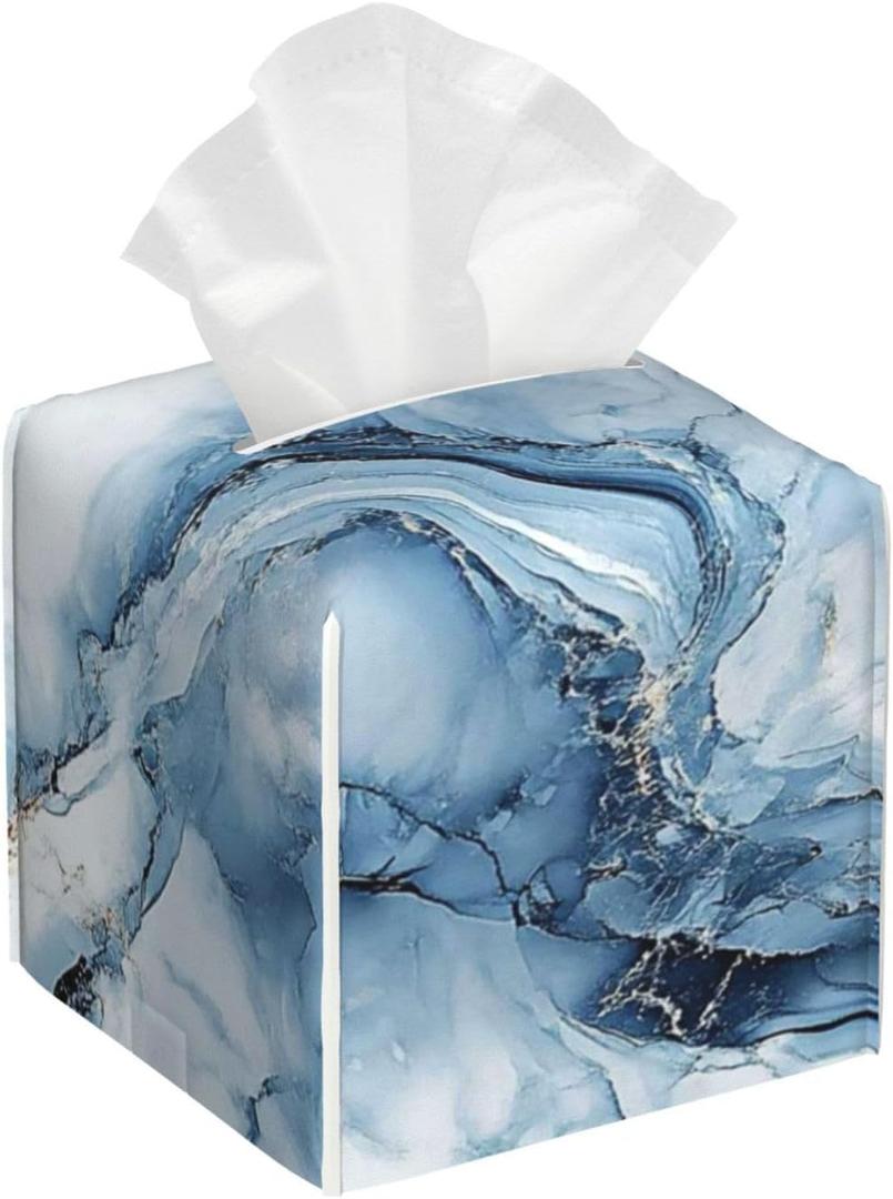 Blue Marble Tissue Box Cover Modern Square Leather Tissue Holder Decorative Facial Tissue Cube Paper Cover Case Organizer for Bathroom Night Stands Desk Tabletop Living Room Home