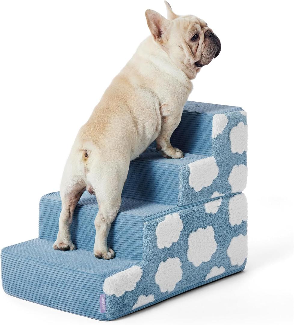 Lesure Dog Stairs for Small Dogs 18" H 4-Step Foam Pet Steps Foldable for High Bed Couch and Sofa Chairs Jacquard Shaggy Plush for Cats with Supporting Board and Non-Slip Bottom, Light Blue