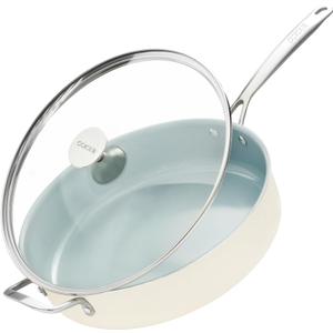 Nonstick Saut Pan with Lid 5 QT Deep Frying Pan with Stainless Steel Helper Handle 12 inch Large Skillet Ceramic Jumbo Cooker for Healthy Cooking, Induction Compatible Cookware, PFOA Free (Cream White)