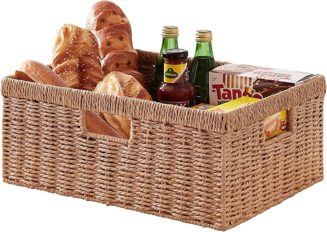 OIAHOMY Wicker Storage Basket, Rectangular Paper Rope Shelf Baskets with Built-in Handles, Woven Decorative Organizer for Pantry, Shelves, Living Room and Bathroom, 1-Pack Natural