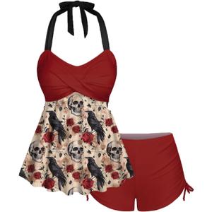 Rosegal Women Plus Size Goth Two Piece Tankini Set Skull Rose Flower Halter Swimsuits (Red, XXL)