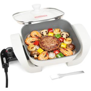 SugarWhisk 8-inch Ceramic Coated Electric Skillet with Lid, Non Stick Skillet Griddle Pan Electric, Rapid Heat Up, 650W, Breakfast Skillet, Kitchen Appliances for Cooking, White